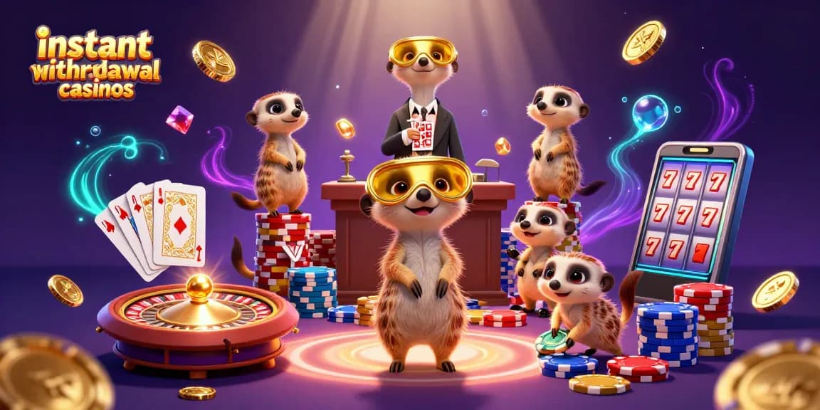 Experience instant withdrawal casinos with playful meerkats managing a vibrant casino scene.