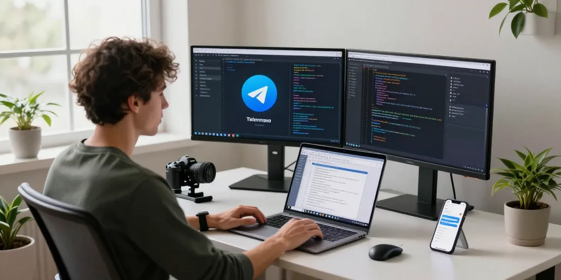 Developer coding on multiple screens with Telegram Download interface in a bright workspace.
