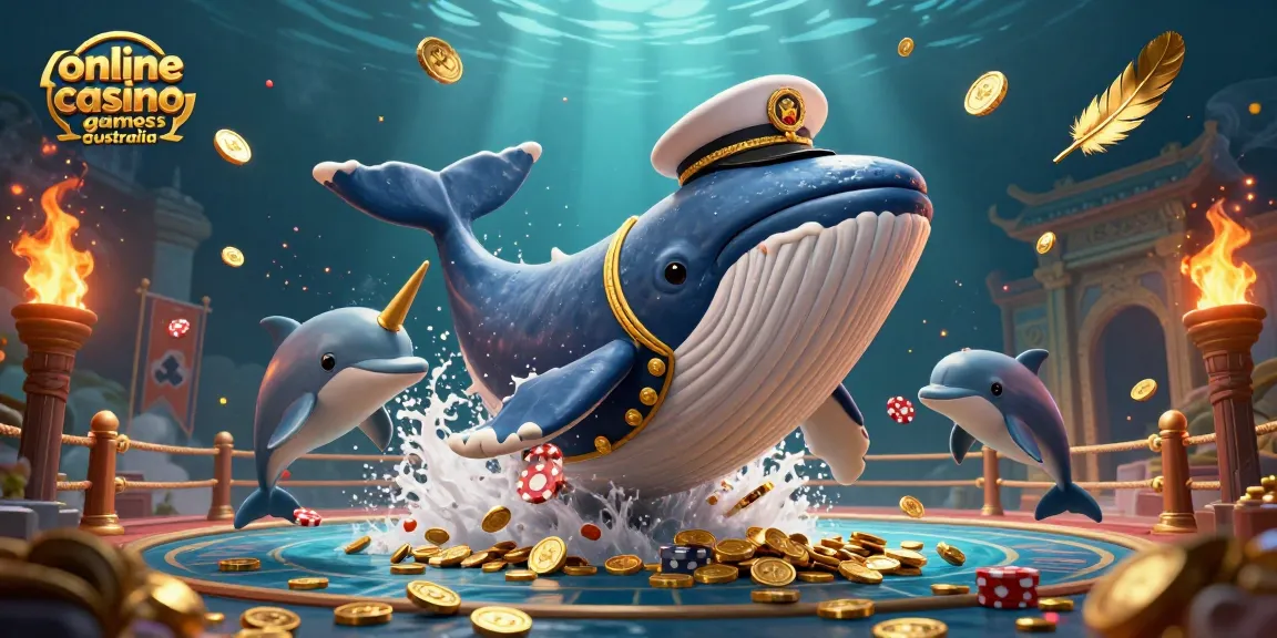 Engage with online casino games Australia through a vibrant scene of a captain whale surrounded by playful dolphins and gold coins.