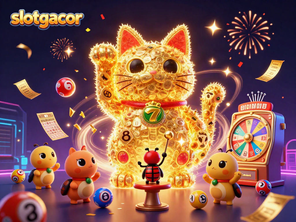 Experience the thrill of slotgacor with a vibrant 3D lucky cat surrounded by casino symbols and colorful lottery elements.