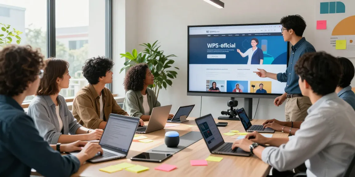 Team collaborating on a project at the WPS Official Website interface in a modern office.