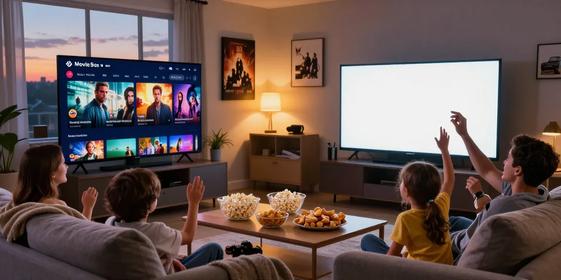 Family enjoying movie night with MovieBox app on screen, cozy living room set