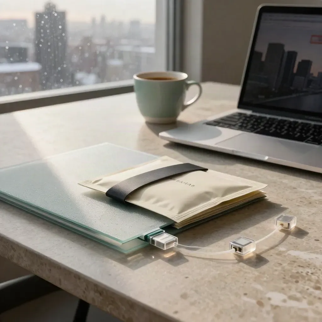 Macro investor-meeting tableau with pitch folder, laptop, coffee cup and connector nodes by snowy glass