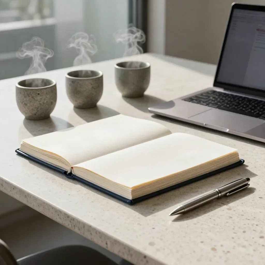 Face-down pitch deck beside steam cups, closed laptop and steel pen on a travertine table.