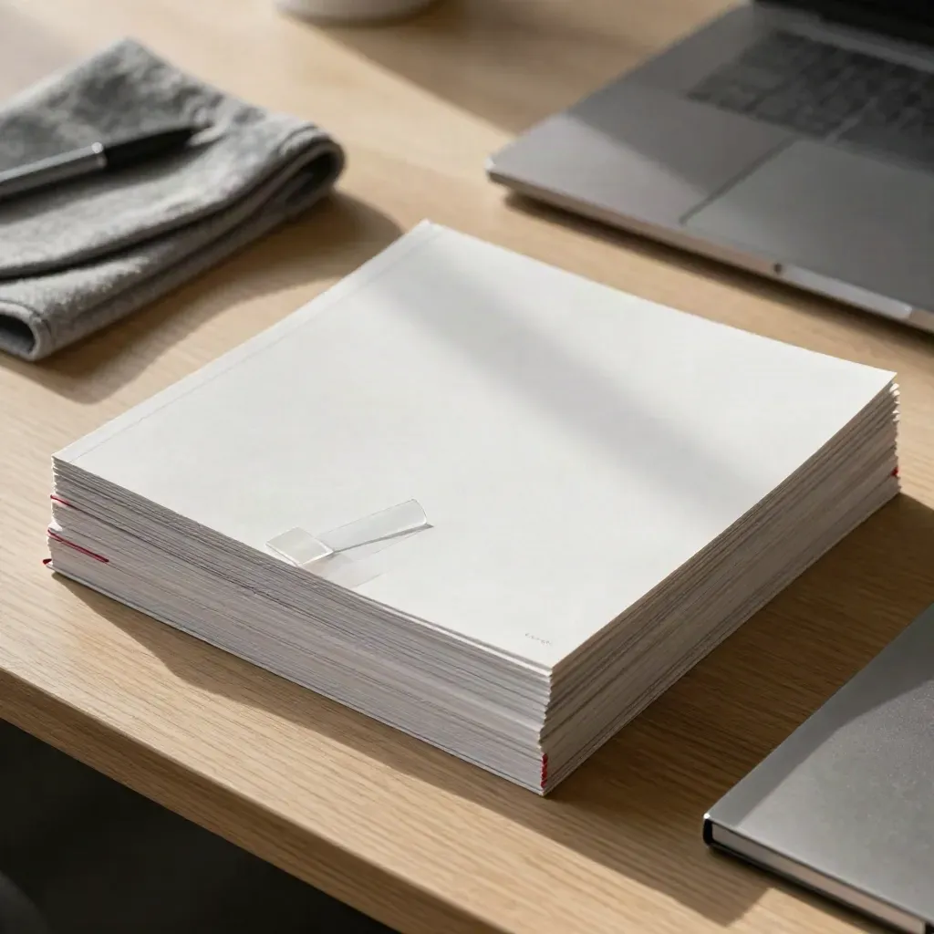 Top-down venture deck review flat lay with laptop, pen, cloth, and layered pitch pages