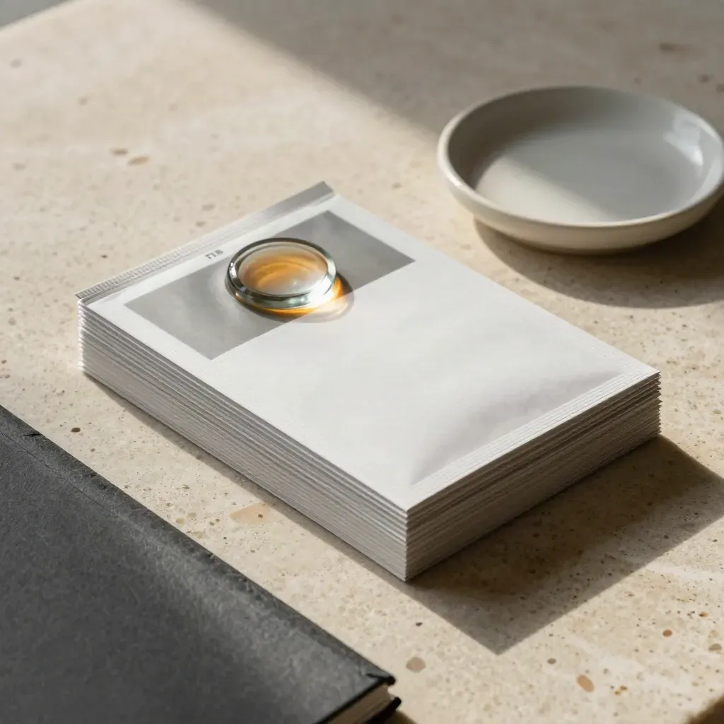 Top-down due-diligence stack with blank dividers, glass paperweight and ceramic dish on travertine.
