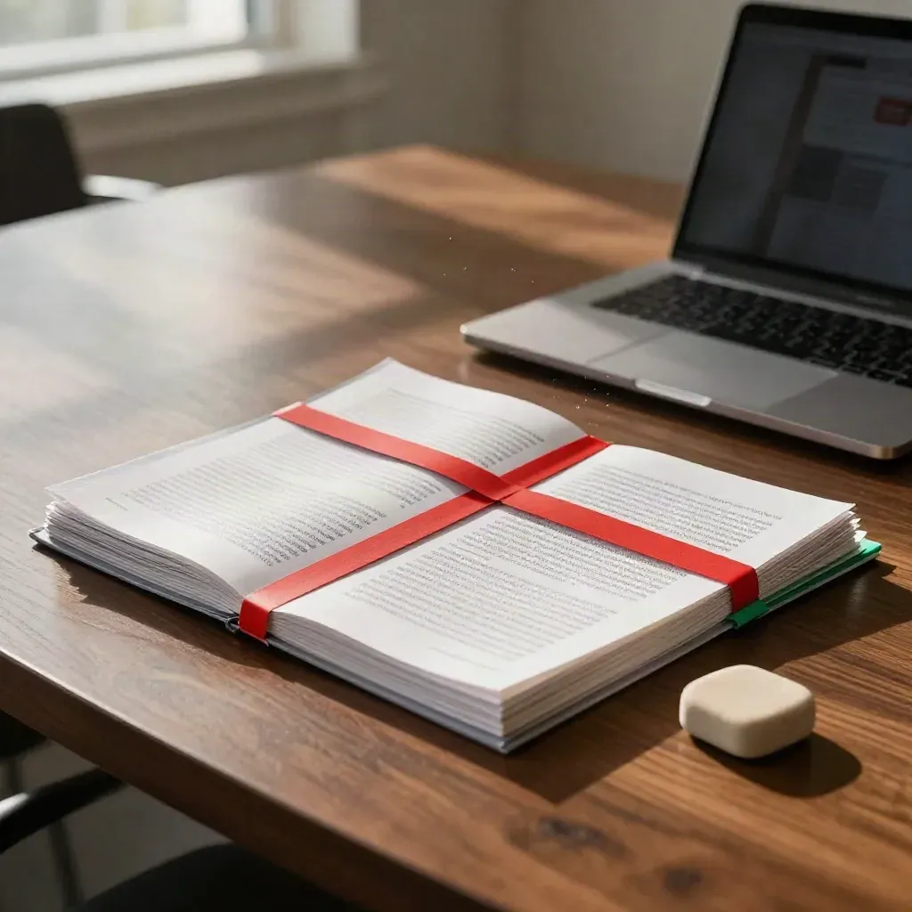 Pitch deck sleeves fanned with red correction strip, closed laptop, and eraser on a walnut table.