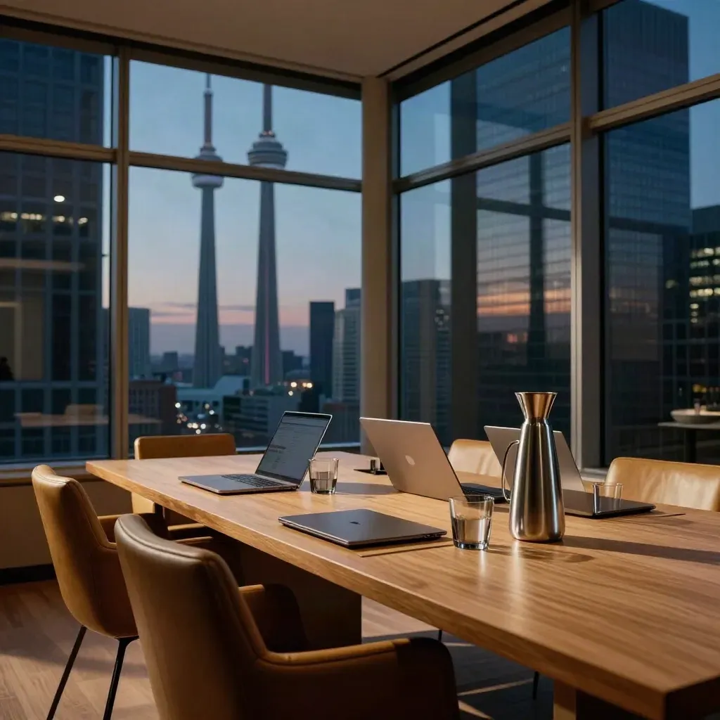 Glass-walled Toronto meeting lounge with oak table, closed laptops, and CN Tower at dusk.