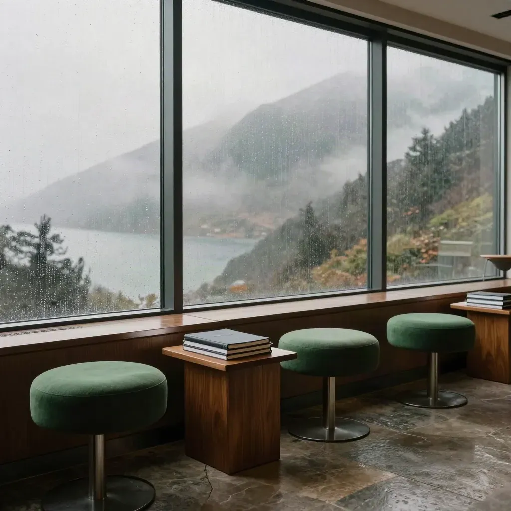Rainy west-coast office lounge with emerald stools, closed notebooks, and misty mountains beyond glass.