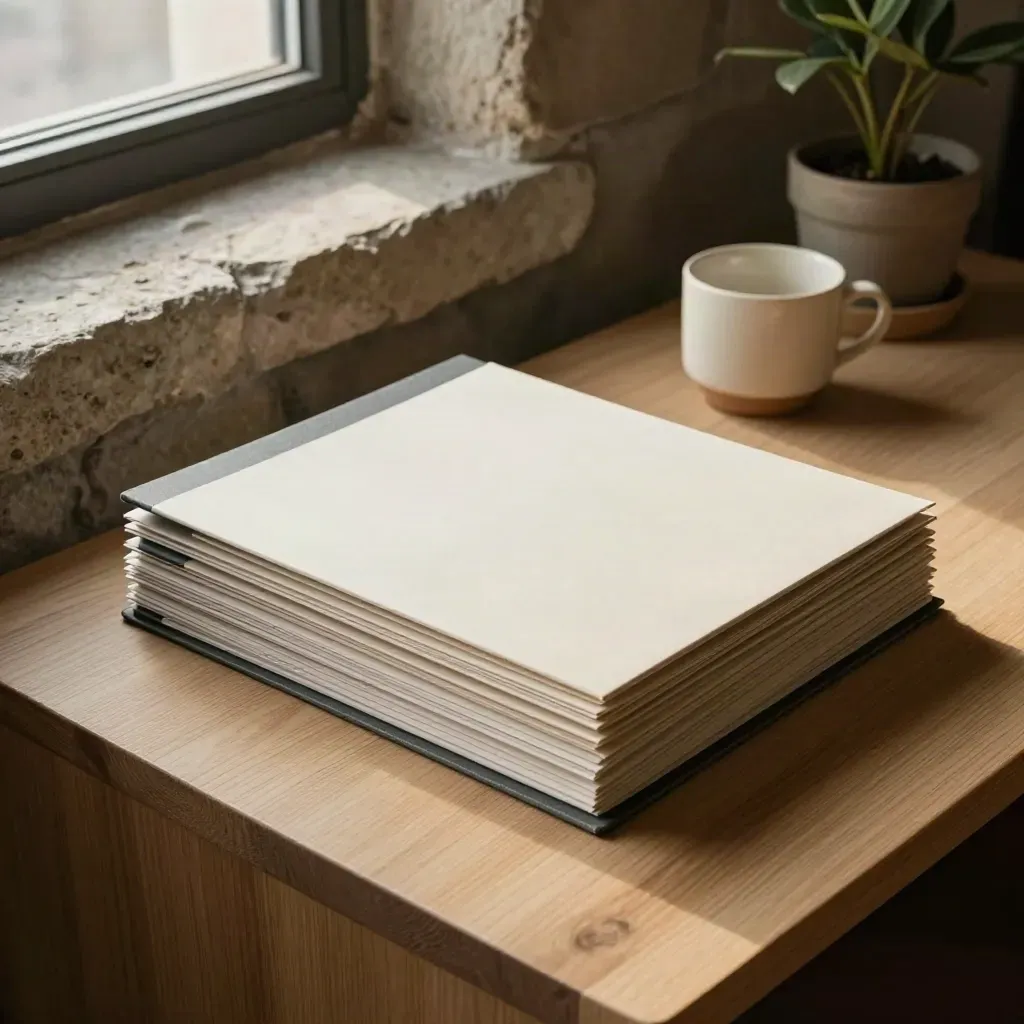 Stone loft workspace with face-down folders, a cream cup, and a window plant in warm morning light.