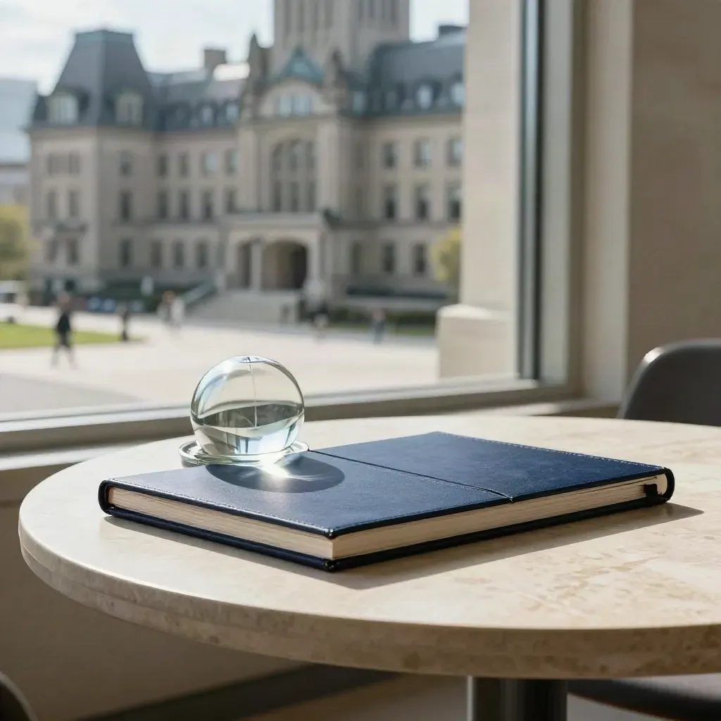 Civic workspace with folio, glass paperweight, and Ottawa stone architecture through glass.