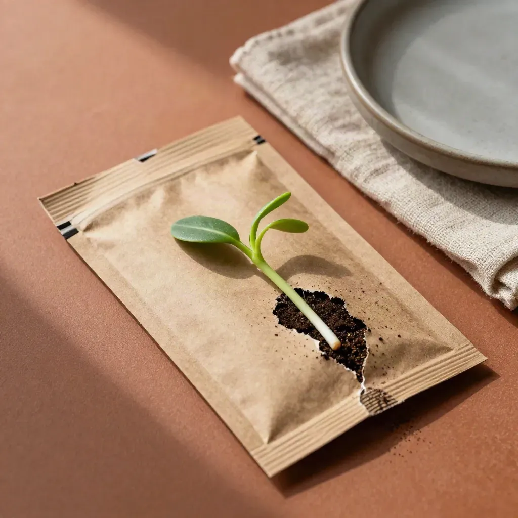 Top-down seed packet with sprout, linen and ceramic dish on a terracotta slab.