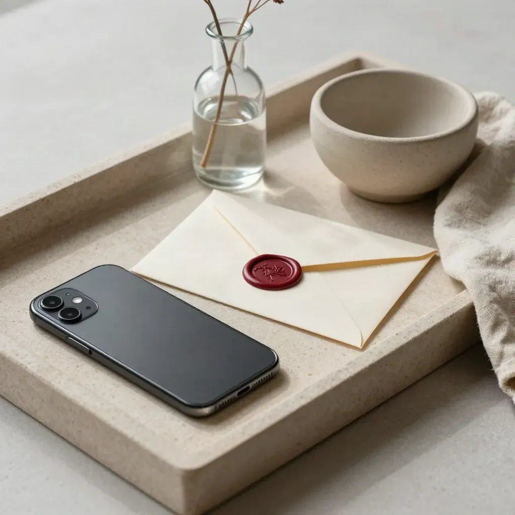 Smartphone, open envelope, bud vase and ceramic catchall on a stone tray in soft daylight.