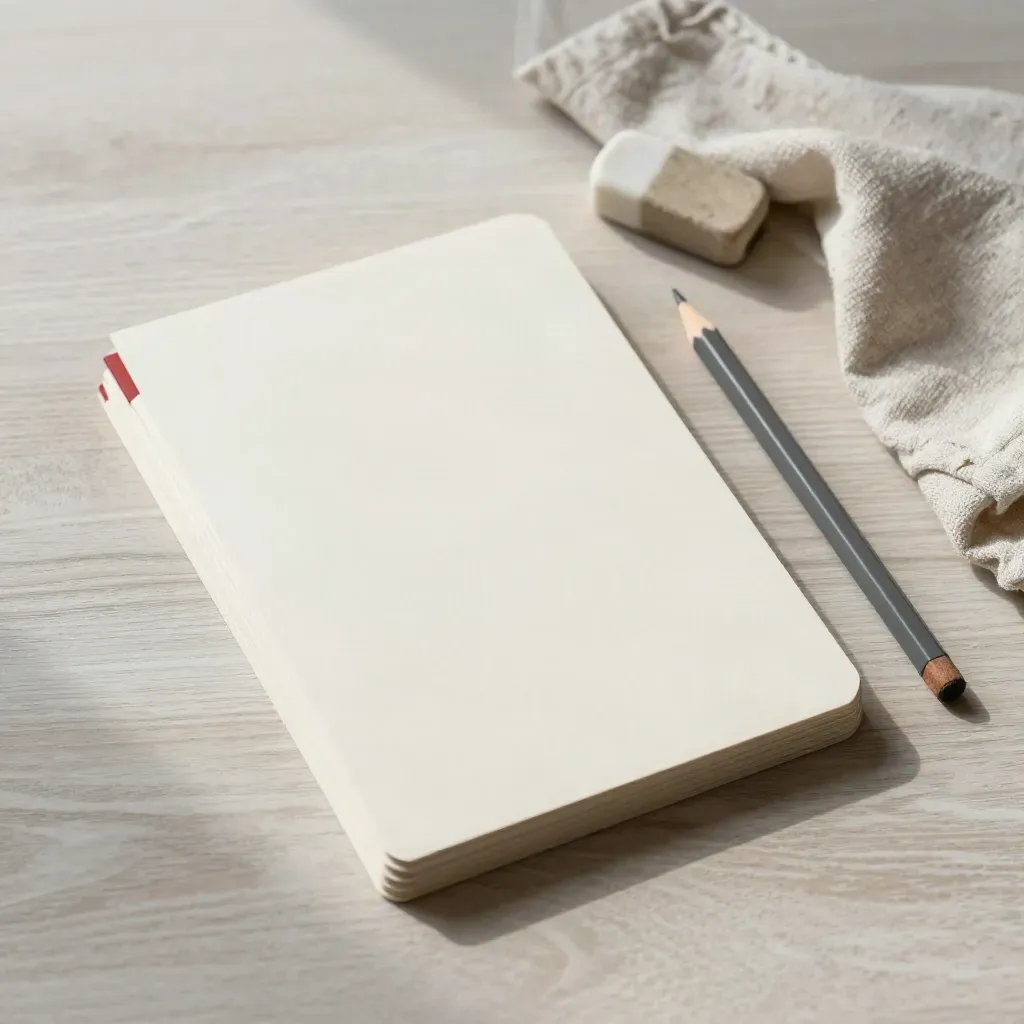 Top-down flat lay of presentation sleeves, pencil, eraser and folded cloth on pale wood.
