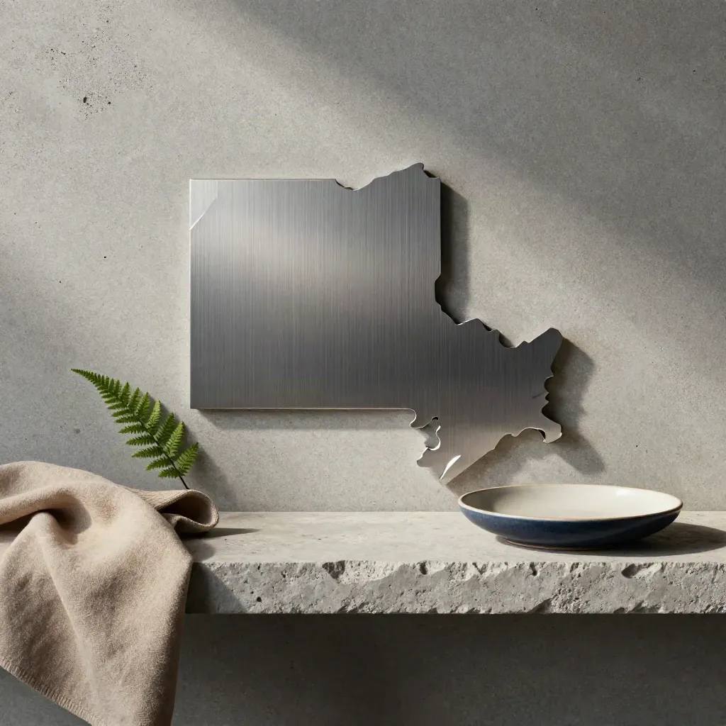Brushed Ontario silhouette, fern, wool cloth and ceramic dish on pale stone.