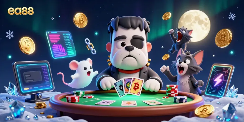 ea88 players engage with a lively poker game in a spooky atmosphere featuring vibrant 3D characters.