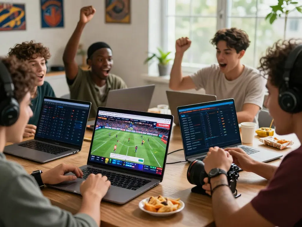 Friends enjoying live sports betting on KU88, creating a lively atmosphere.