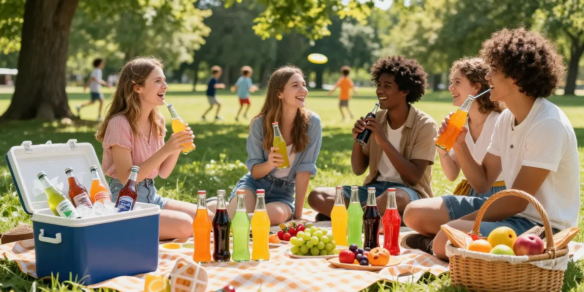 Group of friends enjoying a variety of colorful soda drinks at a picnic in the park